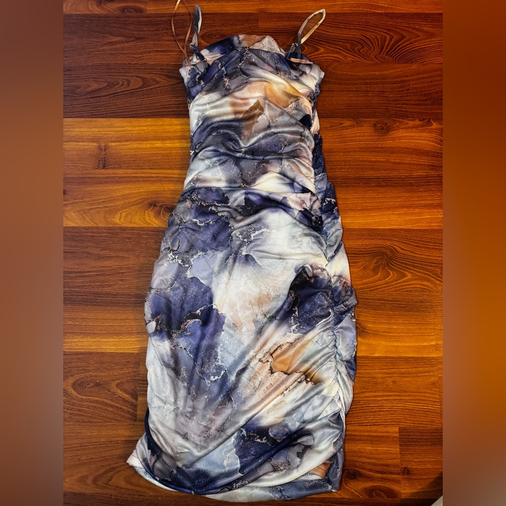 Blue Marble Print Sleeveless Mini Dress - Picture 3 of 6